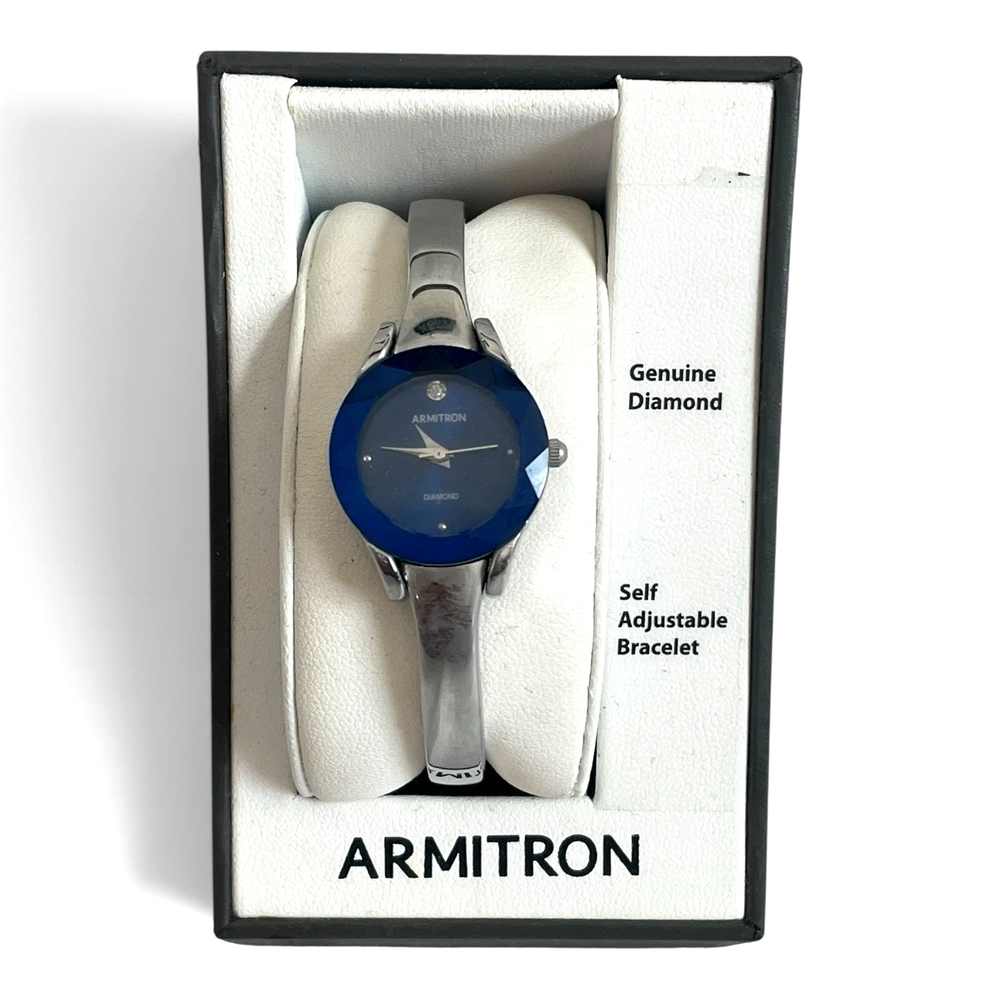 Armitron Womens Watch Genuine Diamond Blue Dial Silver Bangle Bracelet VG